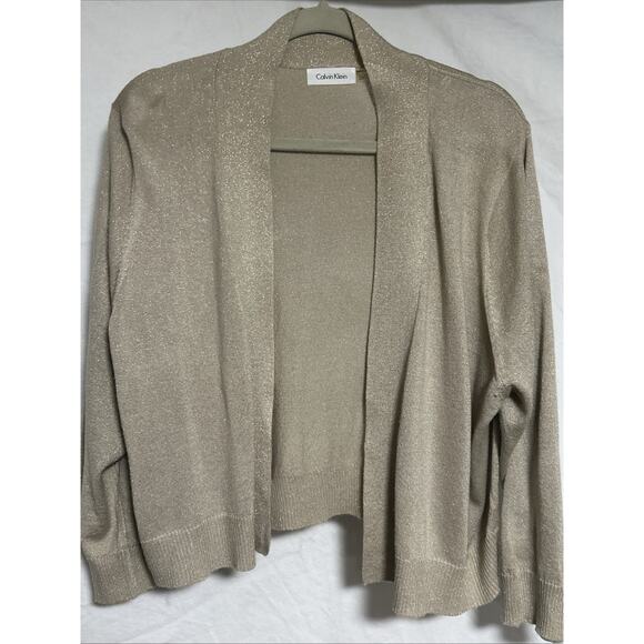 Calvin Klein Metallic Gold Shrug Sweater 3/4 Sleeve Cardigan Open Front 2XL - Picture 1 of 5
